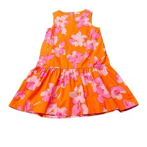Crewcuts Vibrant Orange Dress with Pink Floral Print Sleeveless Dropped Waist